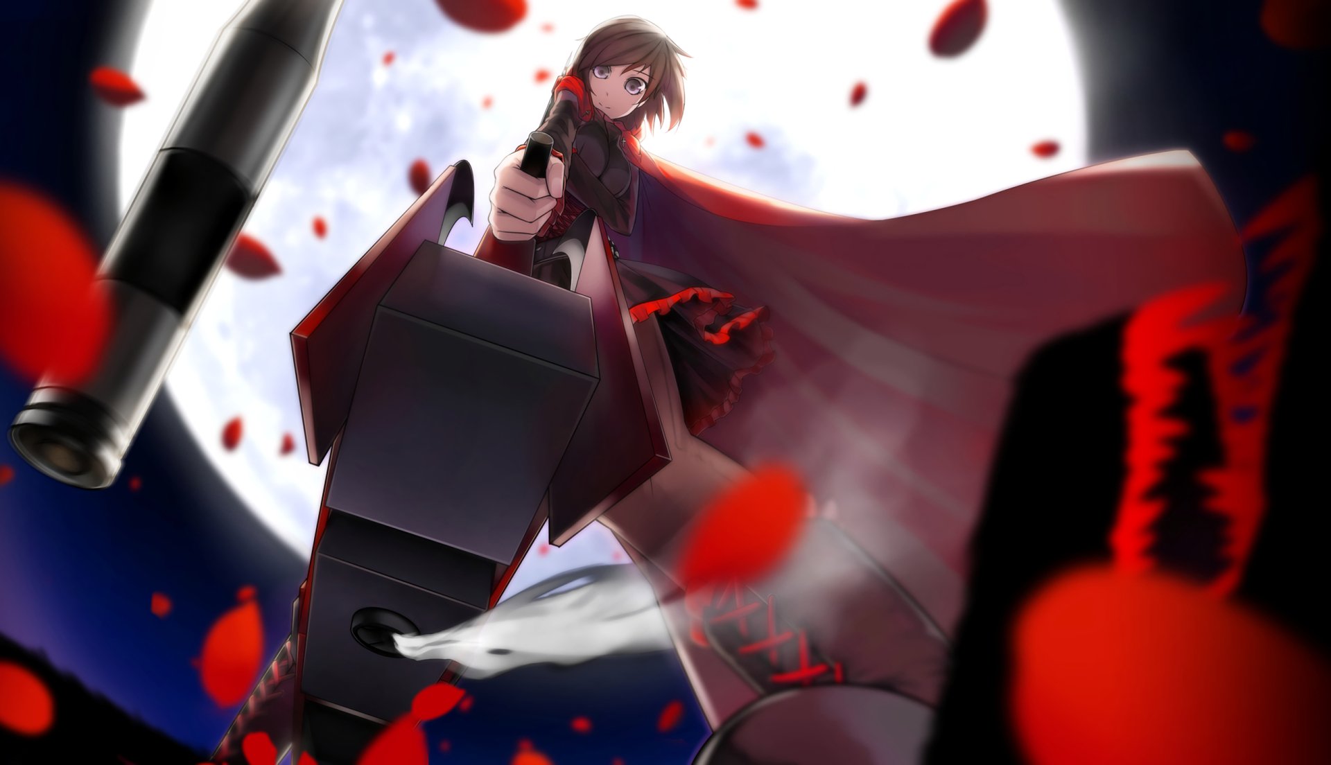 Download Bullet Short Hair Boots Smile Skirt Purple Eyes Night Gun Weapon Moon Cape Brown Hair Ruby Rose (RWBY) Anime RWBY Anime Night HD Wallpaper by SEIN