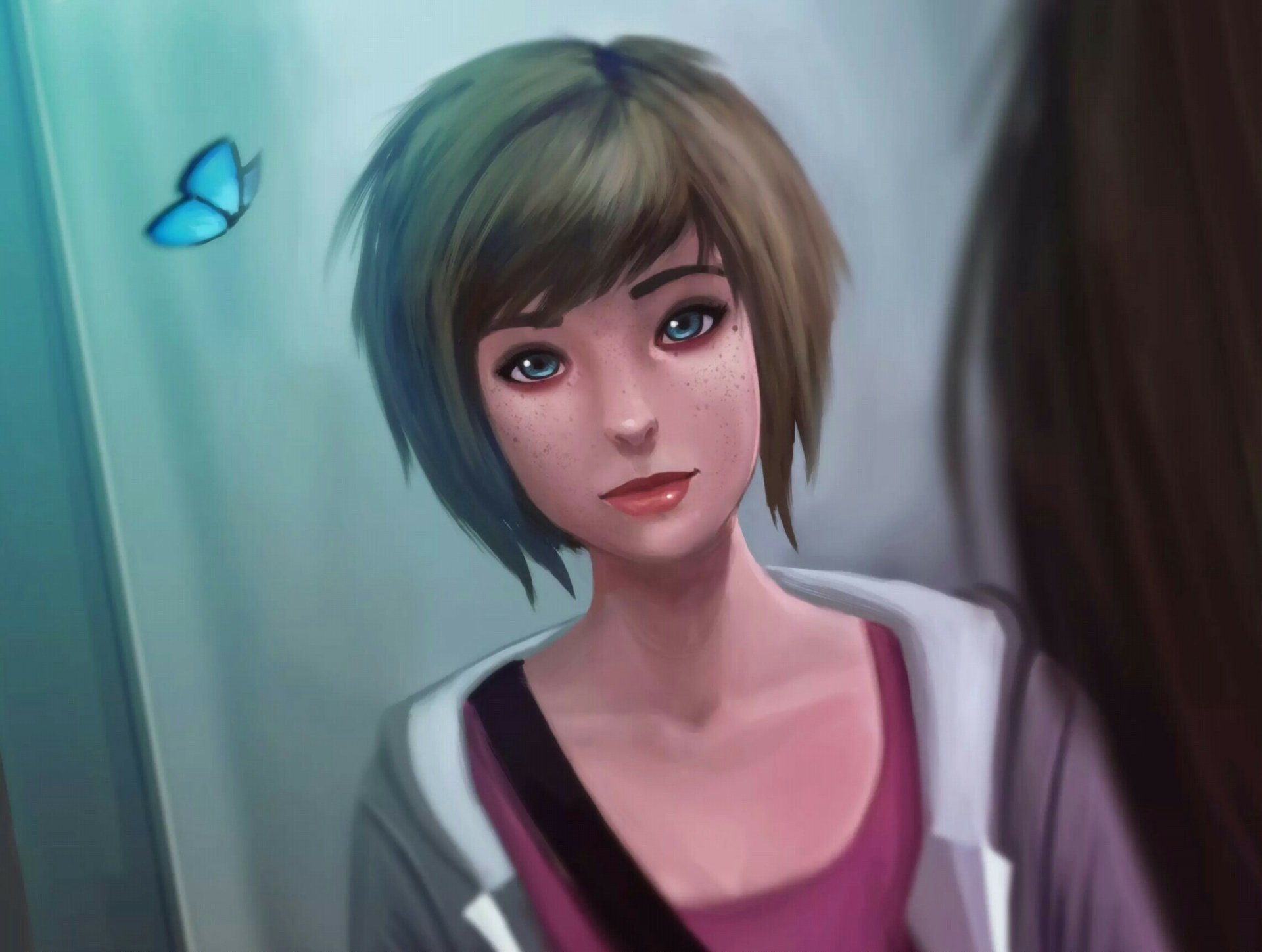HD PC desktop wallpaper featuring Max Caulfield, the protagonist from the video game Life Is Strange, with a blue butterfly near her head.