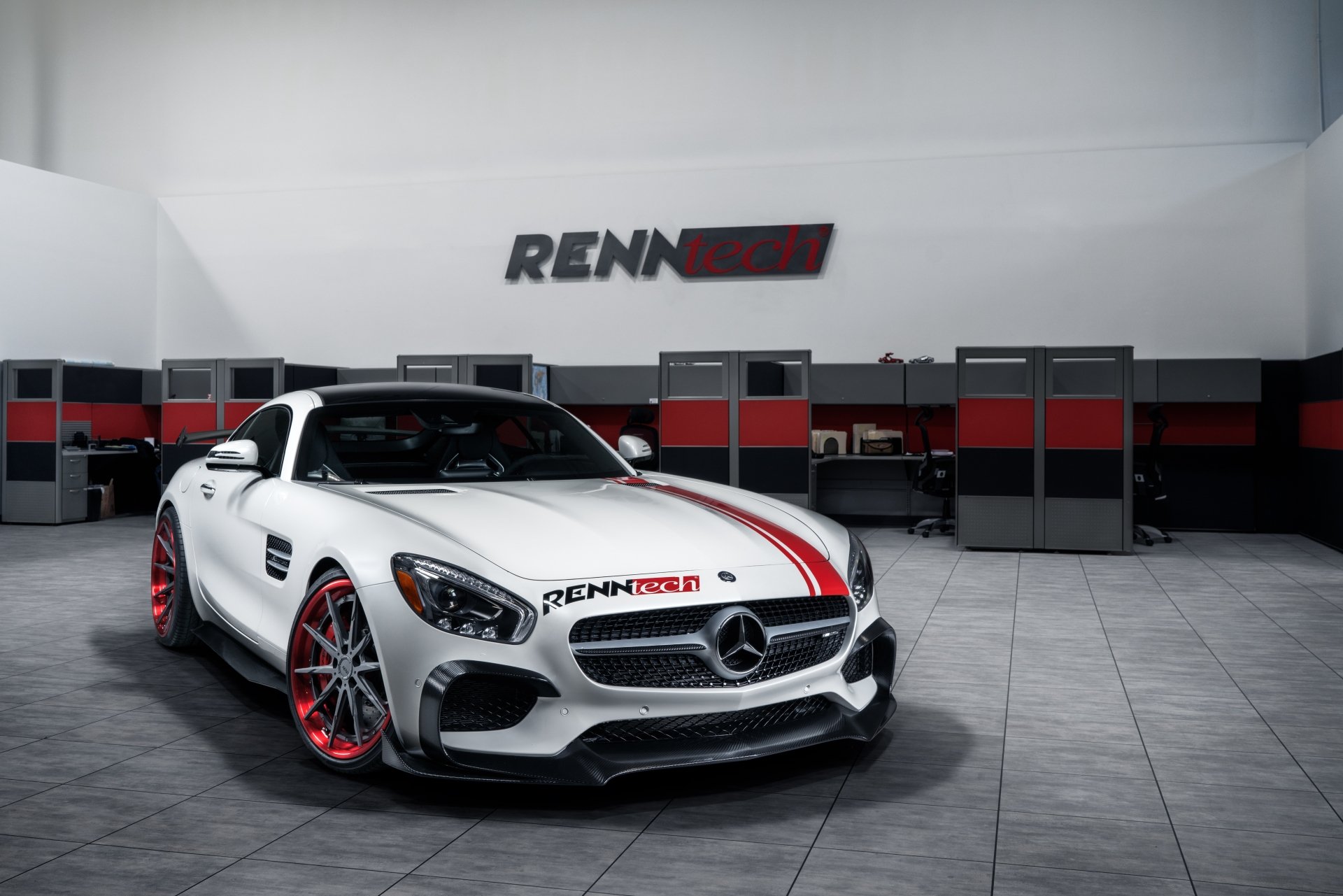 White Mercedes-AMG GT with red accents parked in a modern garage, captured in sharp detail for a 4K Ultra HD PC desktop wallpaper.