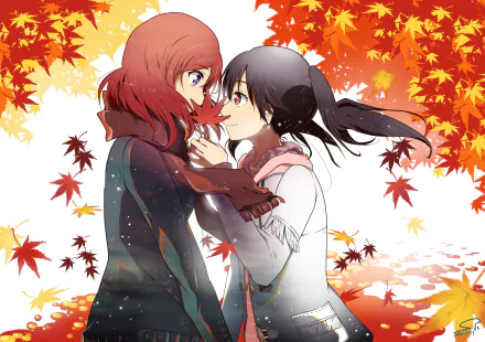 HD anime wallpaper featuring Nico Yazawa and Maki Nishikino from Love Live! surrounded by vibrant autumn leaves.