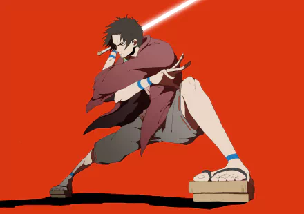 HD desktop wallpaper featuring Mugen from Samurai Champloo, posed dynamically against a red background.