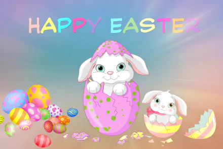 Colorful Happy Easter HD desktop wallpaper featuring cute bunnies in decorated eggs surrounded by vibrant Easter eggs, capturing the joyful holiday spirit.