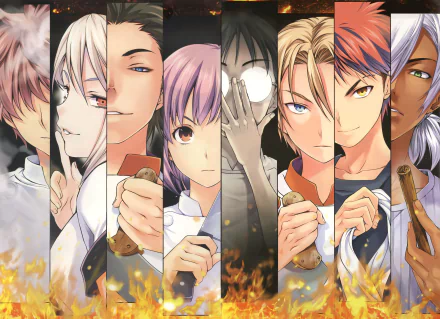 A vibrant HD wallpaper featuring characters from Food Wars: Shokugeki no Soma, including Akira Hayama, Sōma Yukihira, and Alice Nakiri, amid a backdrop of culinary excitement.
