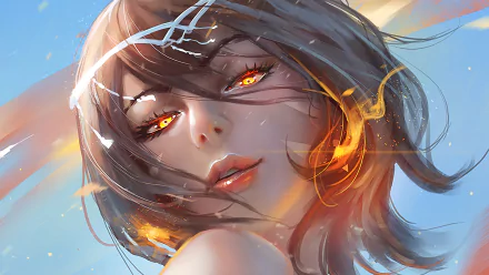 Fantasy HD desktop wallpaper featuring a close-up of a woman with glowing orange eyes and flowing hair, set against a vibrant sky.