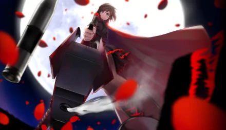 Ruby Rose from RWBY stands confidently at night under the moon, wearing a cape, short skirt, and boots, aiming her gun with a smile and purple eyes amid falling petals.