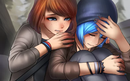 Chloe Price comforts Max Caulfield in this heartfelt scene from Life Is Strange. Max has blue hair and tears, while Chloe, with brown hair and freckles, hugs her tightly.