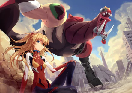 Asuka Langley Sohryu, with long blonde hair and blue eyes wearing an eye patch, stands confidently beside a monstrous creature in a striking scene from Neon Genesis Evangelion: 3.0 You Can (Not) Redo.