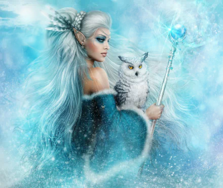 Fantasy HD wallpaper featuring an elf with blue eyes, white hair, and a snowy owl perched on her arm. She holds a staff adorned with a glowing blue orb, set against a wintery background.