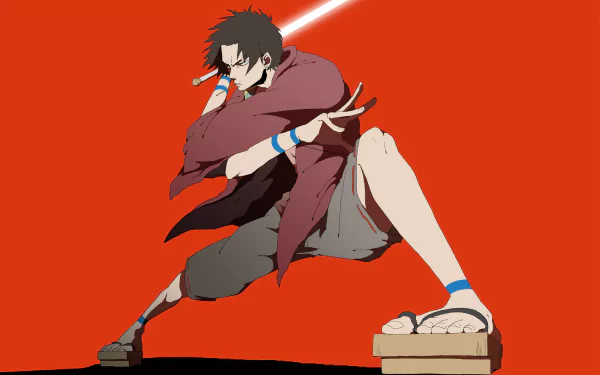 HD desktop wallpaper featuring Mugen from Samurai Champloo, posed dynamically against a red background.
