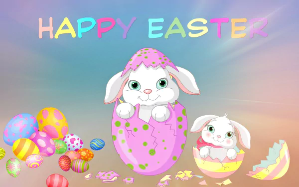 Colorful Happy Easter HD desktop wallpaper featuring cute bunnies in decorated eggs surrounded by vibrant Easter eggs, capturing the joyful holiday spirit.