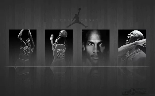 HD desktop wallpaper featuring the iconic Jordan logo and Michael Jordan in various basketball poses against a dark background.