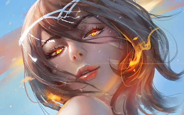 Fantasy HD desktop wallpaper featuring a close-up of a woman with glowing orange eyes and flowing hair, set against a vibrant sky.