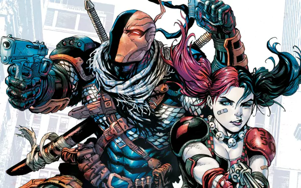A dynamic comic-themed HD wallpaper featuring Slade Wilson, also known as Deathstroke, alongside Harley Quinn, both poised for action with weapons.