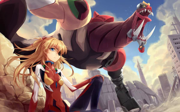 Asuka Langley Sohryu, with long blonde hair and blue eyes wearing an eye patch, stands confidently beside a monstrous creature in a striking scene from Neon Genesis Evangelion: 3.0 You Can (Not) Redo.