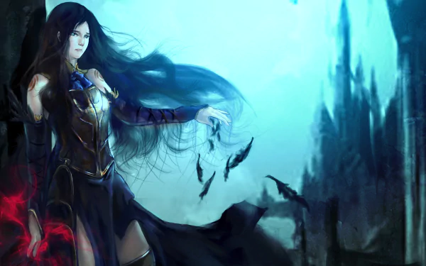 HD PC desktop wallpaper featuring Shanoa from the video game Castlevania: Order of Ecclesia, depicted with flowing dark hair and magical energy in a gothic castle setting.