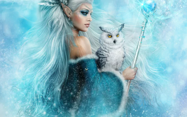 Fantasy HD wallpaper featuring an elf with blue eyes, white hair, and a snowy owl perched on her arm. She holds a staff adorned with a glowing blue orb, set against a wintery background.