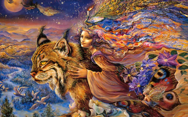 A vibrant HD desktop wallpaper depicting an artistic scene of a woman with flowing hair embracing a lynx amidst colorful flowers and surreal nature.