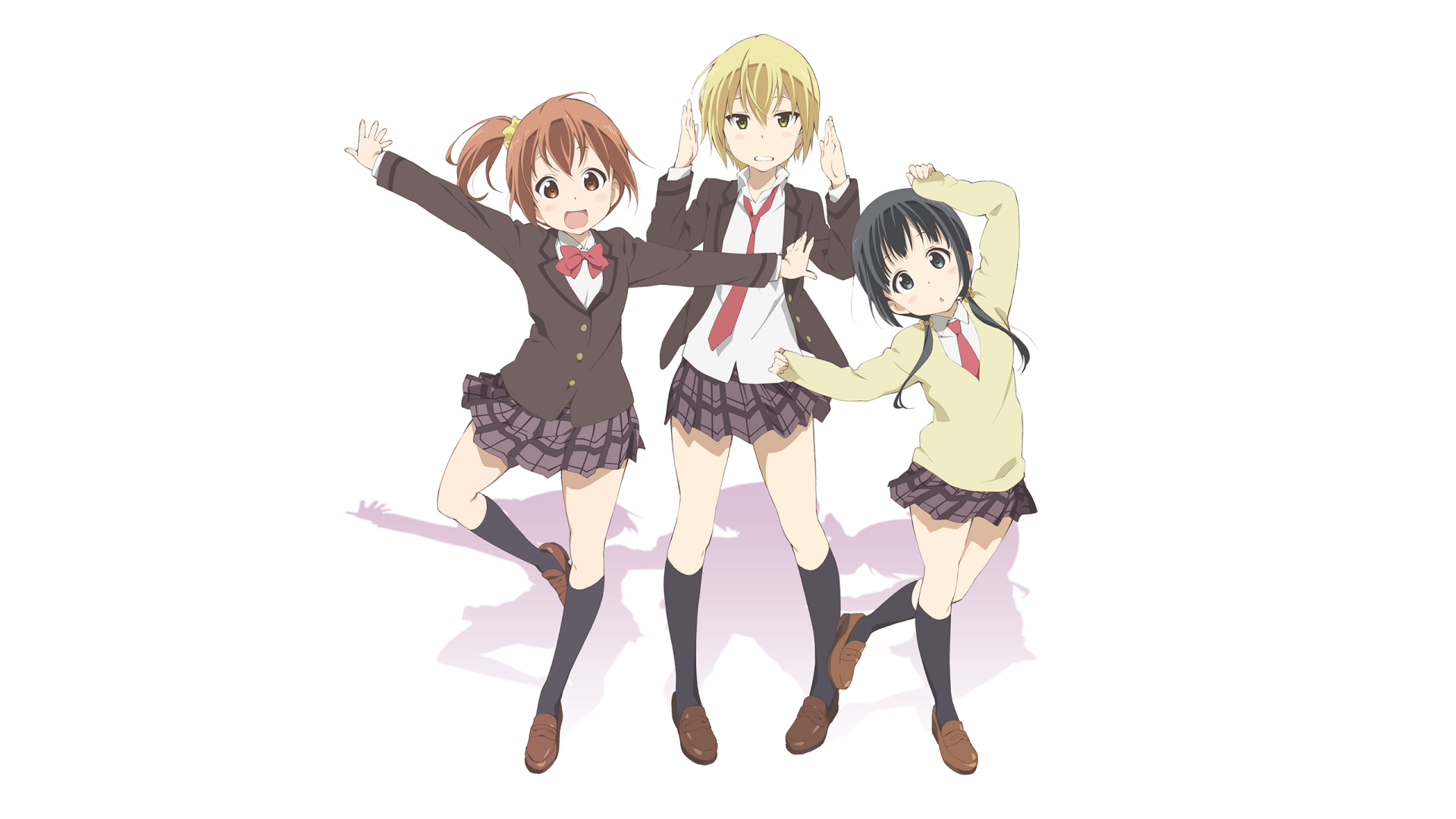 HD anime desktop wallpaper featuring Kanaka Amaya, Saki Iwasawa, and Ayuko Uehara from Aiura, posing cheerfully in school uniforms on a white background.
