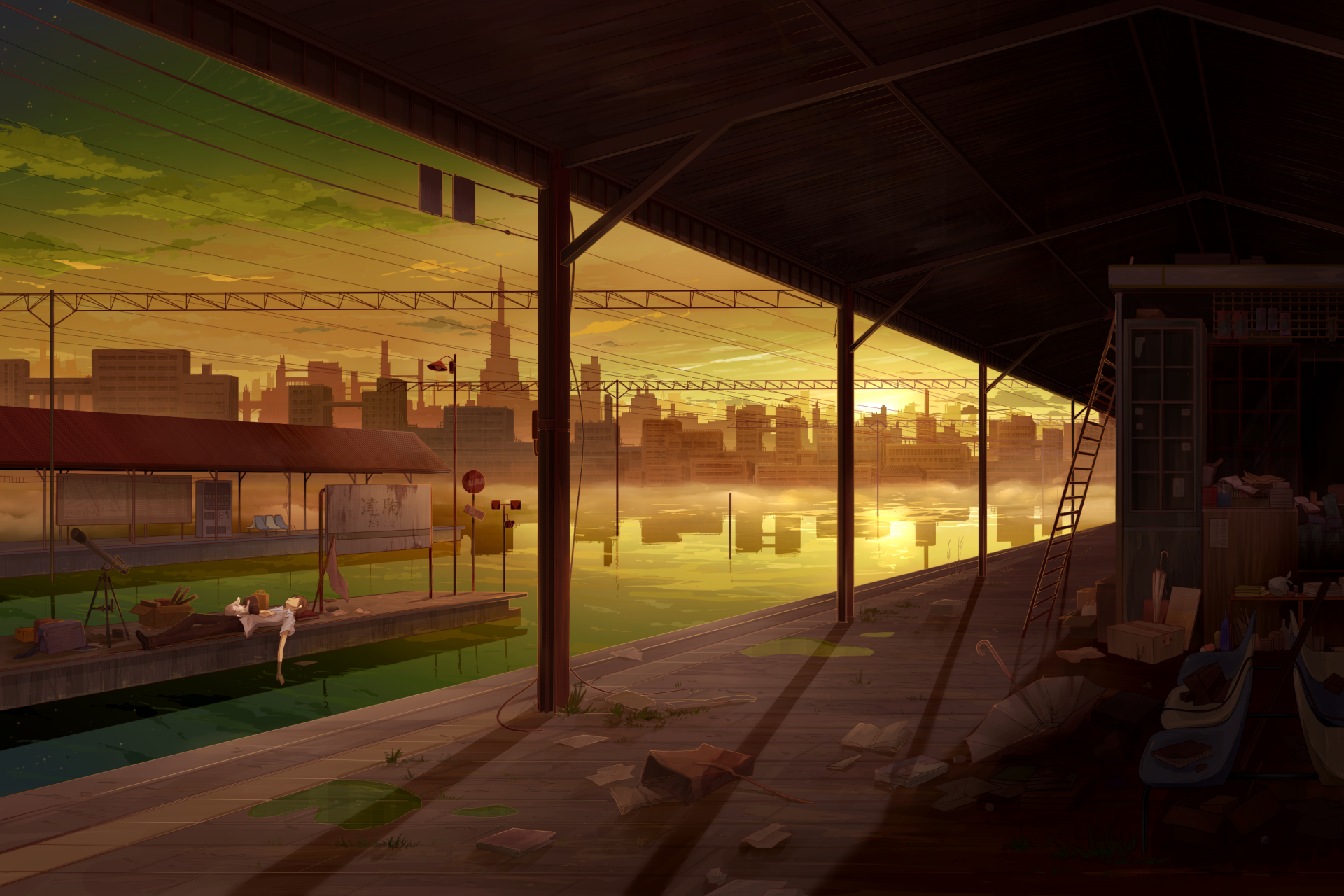 A vibrant anime-inspired HD desktop wallpaper depicting a tranquil sunset over a canal, framed by an industrial setting and soft reflections on the water.