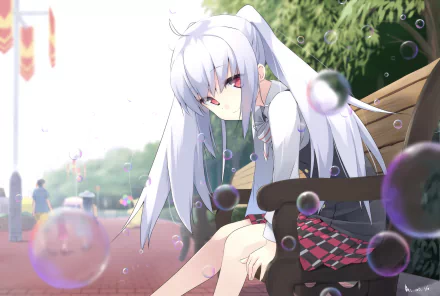 An HD desktop wallpaper featuring Isla from the anime Plastic Memories, sitting on a park bench surrounded by bubbles, with a serene background of trees and people walking in the distance.