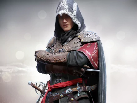 HD PC desktop wallpaper featuring a detailed character from the video game Assassin's Creed Identity in signature assassin attire with a hood and crossed arms.