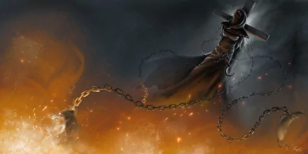 Dark witch wielding a fiery chained weapon, engulfed in flames, rendered in stunning 8K Ultra HD for a striking PC desktop wallpaper.