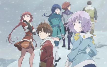 A group of characters from Grimgar of Fantasy and Ash in a snowy landscape, featuring Ranta, Mogzo, Shihoru, Mary, Haruhiro, and Yume, portrayed in a vibrant anime style.
