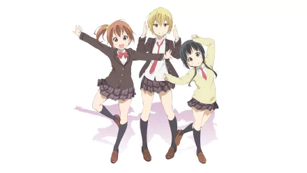HD anime desktop wallpaper featuring Kanaka Amaya, Saki Iwasawa, and Ayuko Uehara from Aiura, posing cheerfully in school uniforms on a white background.
