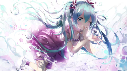 HD desktop wallpaper of Hatsune Miku, an anime-style Vocaloid character, featuring her winking playfully amidst bubbles and water.