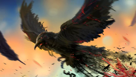 A majestic crow soars through a vibrant fantasy sky, with dynamic colors and ethereal elements, creating a captivating HD PC desktop wallpaper and background.