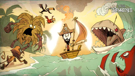A vibrant 4K Ultra HD wallpaper from the video game Don't Starve, featuring a sailor navigating a stormy sea, surrounded by wild creatures and looming threats.