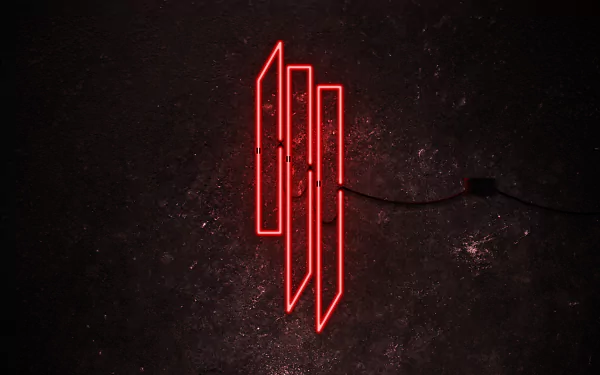 An HD wallpaper featuring a striking red neon design inspired by Skrillex, set against a dark textured background, perfect for music enthusiasts.