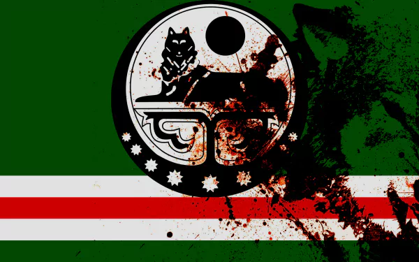 HD PC desktop wallpaper featuring the flag of Chechnya with a worn, grunge texture and dark splatter effects on a green background.