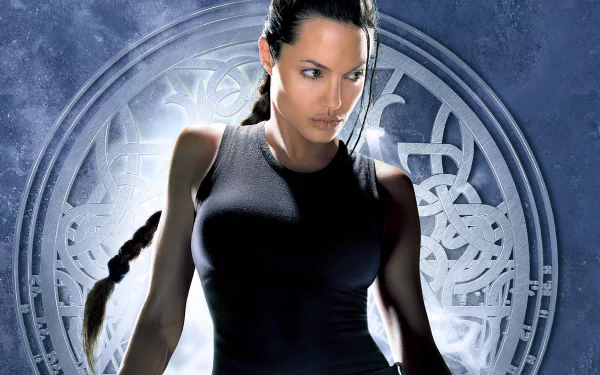 HD PC desktop wallpaper featuring Angelina Jolie as Lara Croft from the movie Tomb Raider, set against a mystical, intricate circular backdrop.