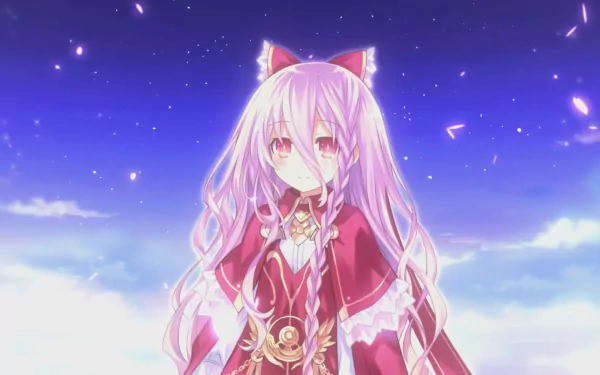 A character with pink hair and pink eyes from Anime Date A Live, set against a dreamy sky background, creates a captivating HD PC desktop wallpaper.