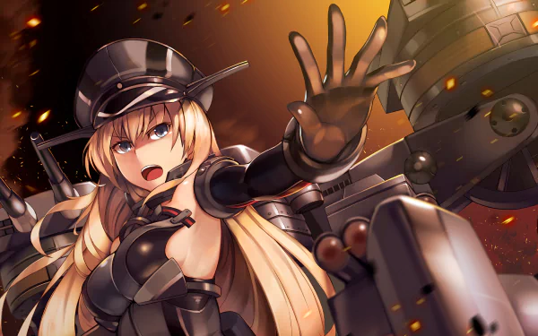 HD PC desktop wallpaper featuring Bismarck from Kantai Collection anime, depicted in dynamic pose with ship elements and fiery background.