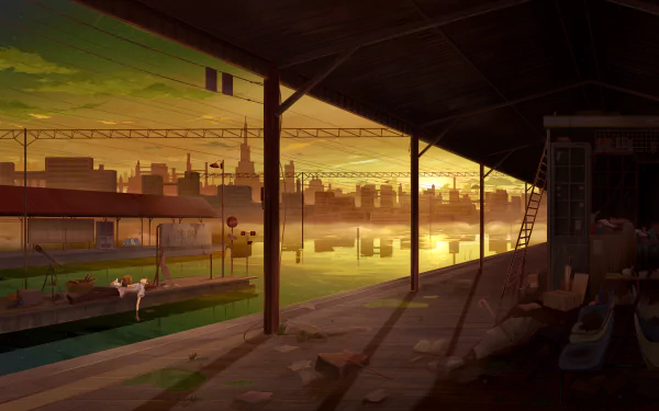 A vibrant anime-inspired HD desktop wallpaper depicting a tranquil sunset over a canal, framed by an industrial setting and soft reflections on the water.