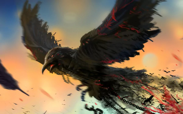 A majestic crow soars through a vibrant fantasy sky, with dynamic colors and ethereal elements, creating a captivating HD PC desktop wallpaper and background.