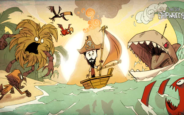 A vibrant 4K Ultra HD wallpaper from the video game Don't Starve, featuring a sailor navigating a stormy sea, surrounded by wild creatures and looming threats.