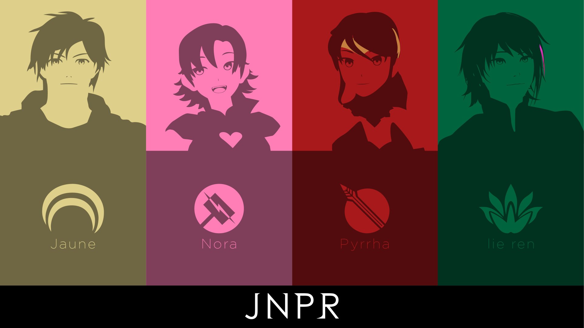 A vibrant 4K Ultra HD desktop wallpaper featuring characters from RWBY, showcasing Jaune, Nora, Ren, and Pyrrha, each with distinct backgrounds and symbols representing them.