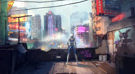 A vibrant HD PC desktop wallpaper featuring an original anime scene, showcasing a character overlooking a neon-lit cityscape with futuristic elements.