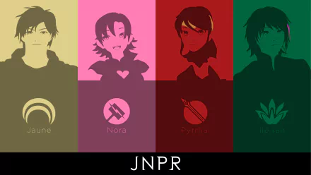 A vibrant 4K Ultra HD desktop wallpaper featuring characters from RWBY, showcasing Jaune, Nora, Ren, and Pyrrha, each with distinct backgrounds and symbols representing them.
