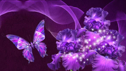 HD desktop wallpaper featuring an abstract design with a vibrant purple flower and a matching butterfly, set against a rich purple background.