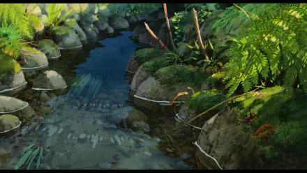 Anime HD desktop wallpaper from The Secret World of Arrietty: a sunlit stream flowing past mossy rocks and ferns, lush green foliage and a detailed hand-painted background.