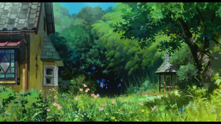 Anime HD PC desktop wallpaper — The Secret World of Arrietty: sunlit cottage garden clearing with wildflowers, dense trees and a small stone well.