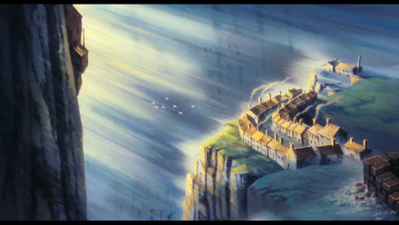 HD anime desktop wallpaper depicting a cliffside village from Laputa: Castle in the Sky, bathed in soft sunlight with birds flying over the misty landscape.