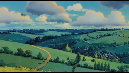 HD anime desktop wallpaper depicting lush green hills and a distant village under a cloudy sky, inspired by Laputa: Castle in the Sky.