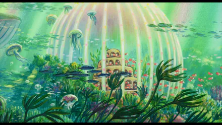 HD PC desktop wallpaper featuring an anime-style underwater scene from Ponyo, with vibrant marine life, jellyfish, and a colorful coral reef backdrop.