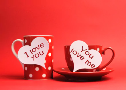 HD wallpaper featuring two red, polka-dotted cups with I love you and You love me hearts on a red background, symbolizing love.
