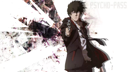 Shinya Kogami stands confidently with a gun in hand, set against a dynamic abstract backdrop. This HD wallpaper captures the essence of the anime Psycho-Pass.